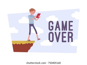 Game over poster. Young gamer pedestrian walking in danger close to hill edge staring at screen, having lost all lives, end the fun. Vector flat style cartoon illustration isolated on white background