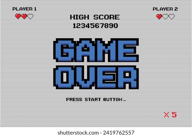 Game over press start button. pixel art .8 bit game. retro game. for game assets in vector illustrations. Retro Futurism Sci-Fi Background. glowing neon grid and stars from vintage arcade comp