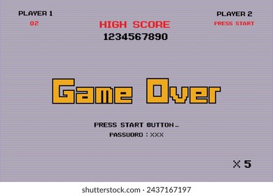 Game over press start button. pixel art .8 bit game. retro game. for game assets in vector illustrations. Retro Futurism Sci-Fi Background. glowing neon grid and stars from vintage arcade comp