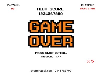 GAME OVER pulse el Botón de inicio sobre fondo blanco. pixel art juego de .8 bits. juego retro. para los activos del juego en Ilustraciones vectoriales. 