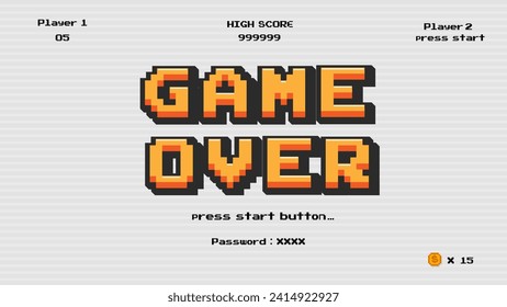 Game over press start button.pixel art .8 bit game.retro game. for game assets in vector illustrations.Retro Futurism Sci-Fi Background. glowing neon grid.and stars from vintage arcade comp