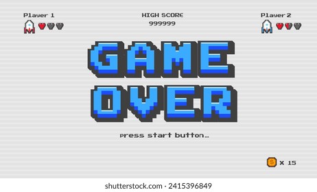 Game over press start button.pixel art .8 bit game.retro game. for game assets in vector illustrations.Retro Futurism Sci-Fi Background. glowing neon grid.and stars from vintage arcade comp