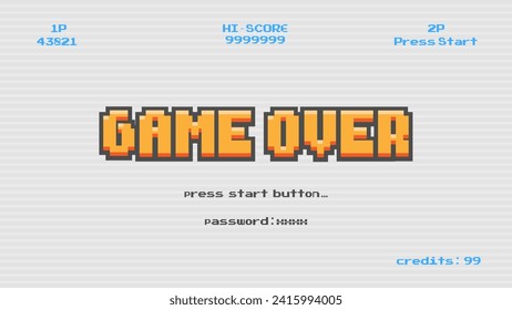 Game over press start button.pixel art .8 bit game.retro game. for game assets in vector illustrations.Retro Futurism Sci-Fi Background. glowing neon grid.and stars from vintage arcade comp	