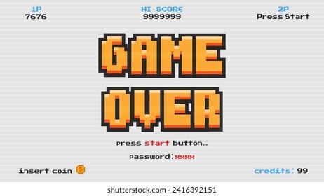 Game over press start button.pixel art .8 bit game.retro game. for game assets in vector illustrations.Retro Futurism Sci-Fi Background. glowing neon grid.and stars from vintage arcade comp	