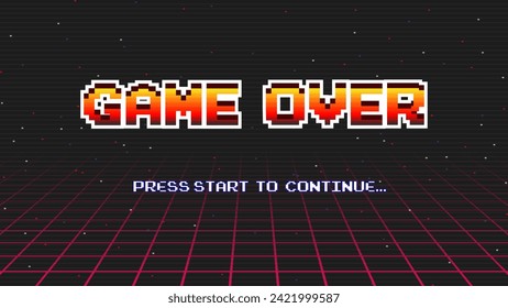 GAME OVER PRESS START TO CONTINUE .pixel art .8 bit game.retro game. for game assets in vector illustrations.Retro Futurism Sci-Fi Background. glowing neon grid.and stars from vintage arcade comp	