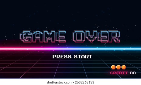 GAME OVER PRESS START .pixel art .8 bit game.retro jogo. para os recursos do jogo em ilustrações vetoriais.