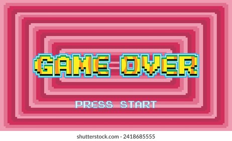 Game over and press start  in tunnel red.pixel art .8 bit game.retro game. for game assets in vector illustrations.Retro Futurism Sci-Fi Background. glowing neon grid.and stars from vintage arcade 