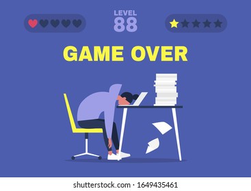 Game over, professional burnout, Young exhausted female manager sitting at the office, Long working day, Millennials at work