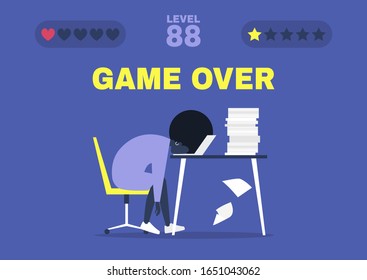 Game over, professional burnout, Young exhausted black female manager sitting at the office, Long working day, Millennials at work