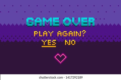 Game over and question of play again, yes or no choosing link, finish level page in purple color, pixelated graphic of final video-game, interface vector, 8 bit pixel text