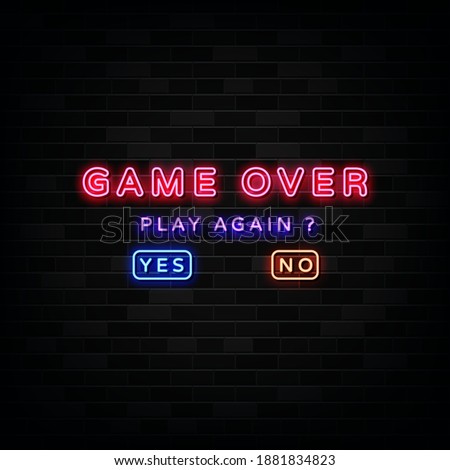Game over and question of play again  yes or no choosing link. Design Template Neon Style