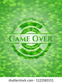Game Over realistic green emblem. Mosaic background