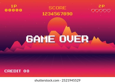 Game over, Retro background futuristic landscape 1980s style. Digital retro landscape cyber surface. Retro music album cover template : sun, space, mountains. Retro Sci-Fi Background