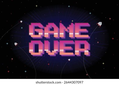 Fim de jogo. Retro Futurismo Sci-Fi Background. grade de néon brilhante. e estrelas de vintage jogos de computador arcade, jogo 3D.