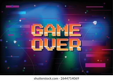 Game Over. Retro Futurism Sci-Fi Background. glowing neon grid. and stars from vintage arcade computer games, 3D game.