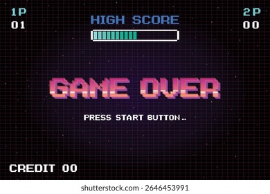 Game Over. Retro Futurism Sci-Fi Background. glowing neon grid. and stars from vintage arcade computer games, 3D game.