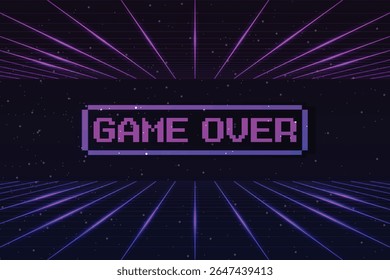 Fim de jogo. Retro Futurismo Sci-Fi Background. grade de néon brilhante. e estrelas de vintage jogos de computador arcade, jogo 3D.
