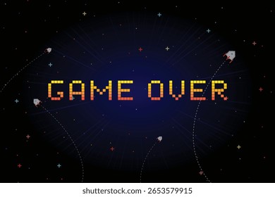 Fim de jogo. Retro Futurismo Sci-Fi Background. grade de néon brilhante. e estrelas de vintage jogos de computador arcade, jogo 3D.
