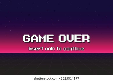 Game Over, Retro games for game assets in retro futuristic sci-fi background vector illustration. Glowing neon from an old arcade