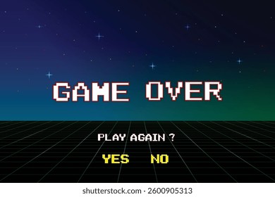 Game Over, Retro games for game assets in retro futuristic sci-fi background vector illustration. Glowing neon from an old arcade	