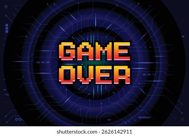 Game Over, Retro games for game assets in retro futuristic sci-fi background vector illustration. Glowing neon from an old arcade