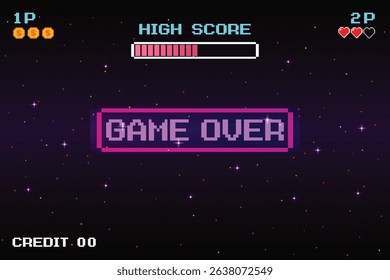 Game Over, Retro games for game assets in retro futuristic sci-fi background vector illustration. Glowing neon from an old arcade