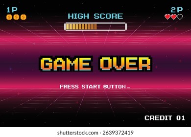 Game Over, Retro games for game assets in retro futuristic sci-fi background vector illustration. Glowing neon from an old arcade