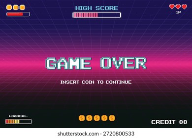 Game Over, juegos retro para activos de juego en Ilustración vectorial de fondo de ciencia ficción futurista retro. Brillante neón de una vieja arcada