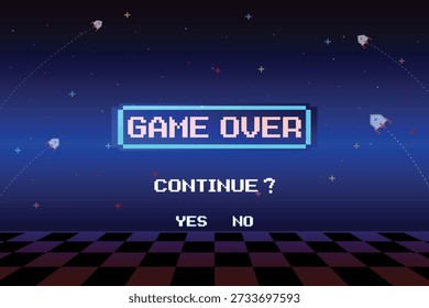 Game Over, juegos retro para activos de juegos en Ilustración vectorial de fondo de ciencia ficción futurista retro. Brillante neón de una vieja arcada