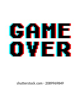 Game Over in retro pixel art design glitch and noise style isolated on white background. Concept of level final in virtual gaming or classic user interface for online videogames. Vector illustration
