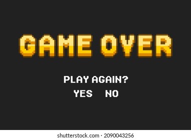 Game Over in retro pixel art style on black background. Concept of level final in virtual gaming or classic user interface for online videogames. Message on the video game screen. Vector illustration