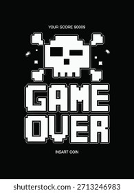 Juego sobre el diseño retro de la camiseta del arte del pixel con el cráneo de 8 bits en fondo negro