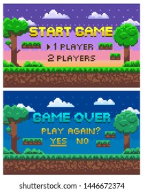 Game over scenes for fights and places of leaves, evening and night views, players option between one or two gamers, pixel trees and stars, clouds. Platformer video-game. 8 bit pixelated art app gemes