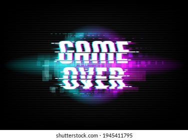 Game over screen digital glitch background. Computer game defeat, Internet cyber attack threatening message or gambling lose conceptual backdrop with glitched display color pixel noise