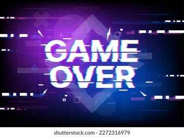 Game over screen glitch background. Vector vintage poster with digital glitched color pixel noise on display. Computer game defeat, blue and purple neon glowing noisy distortion and abstract stripes