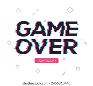 Game over screen glitch video retro pixel background. Game over glitch screen font effect