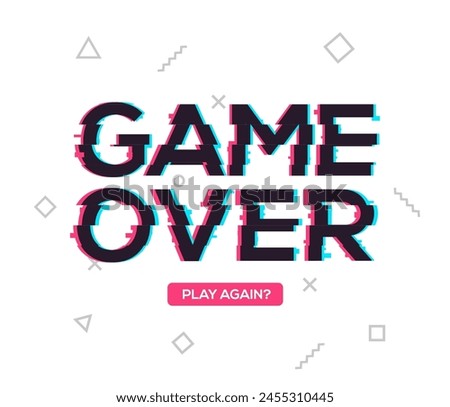 Game over screen glitch video retro pixel background. Game over glitch screen font effect