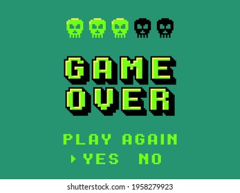 Game over screen. Pixel 8 bit final screensaver, primitive graphics style skulls, retro video games, comic square stylized computer letters, 80s arcade, players end or continue vector concept