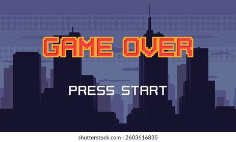 Game Over screen - pixel art with night city landscape background. Dark cityscape banner with Press Start phrase. Retro video arcade game design concept.