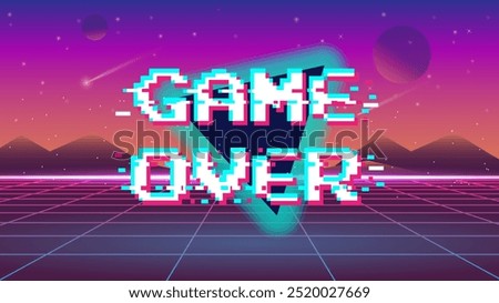 Game over screen. pixel video games 8-bit play interface old console monitor. Retro arcade gaming machine display.	
