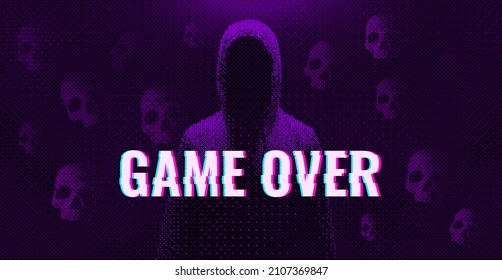 Game Over Screen. Player is Dead Game Screen. Dark Faceless Reaper in the Hood. Flying Skulls Vector Illustration. Glitched Unknown Man Hacker Pixel Art Dithering.