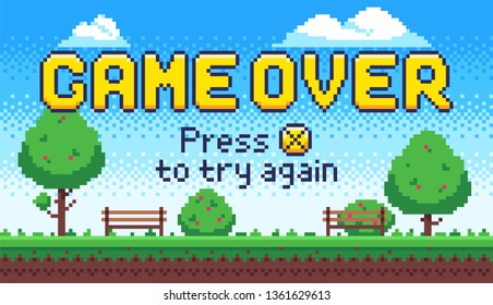 Game over screen. Retro 8 bit arcade games, old pixel video game end and pixels press X to try again sign. Pixelated failure scene or death and try again arcade gaming vector illustration