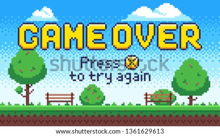 Game over screen. Retro 8 bit arcade games, old pixel video game end and pixels press X to try again sign. Pixelated failure scene or death and try again arcade gaming vector illustration