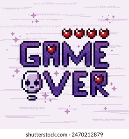 Game over screen with skull and hearts