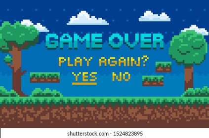 Game over screen vector, landscape with pixel graphics of 8 bit game, question for player to continue game. Trees and grass with stars clouds on sky. Pixelated background for app or video-game