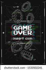 Game over screen with virtual reality style. Futuristic poster with retro games elements. Template for print and web.