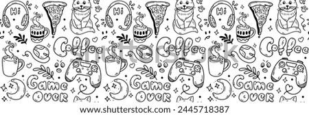 Game over seamless pattern. Hand Drawn Doodle teen activities, gamepad, coffee, pizza. Video Games and stream channel Background. Gadget icons Gaming cool print for boys and girls. Vector illustration