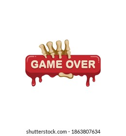 Game over sign symbol with skull hand concept in cartoon illustration vector on white background