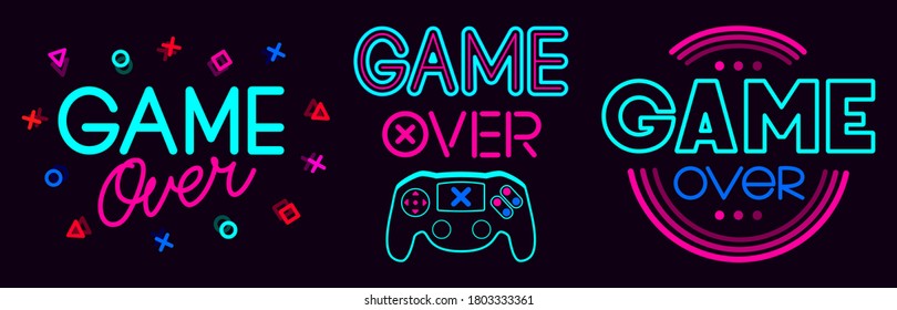 Game over signs. Computer video game death screen phrases, last life video gaming glitch, video game fail screen vector illustration icons set. Game over text, final video gaming