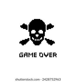 game over with Skull icon 8 bit, pixel pirate icon 8-bit  for game  logo.